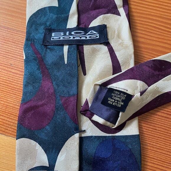 Bica Uomo Mens Necktie 100% Silk Tie Short 58 x 4 Made in USA Green Purple Ivory - Picture 4 of 5